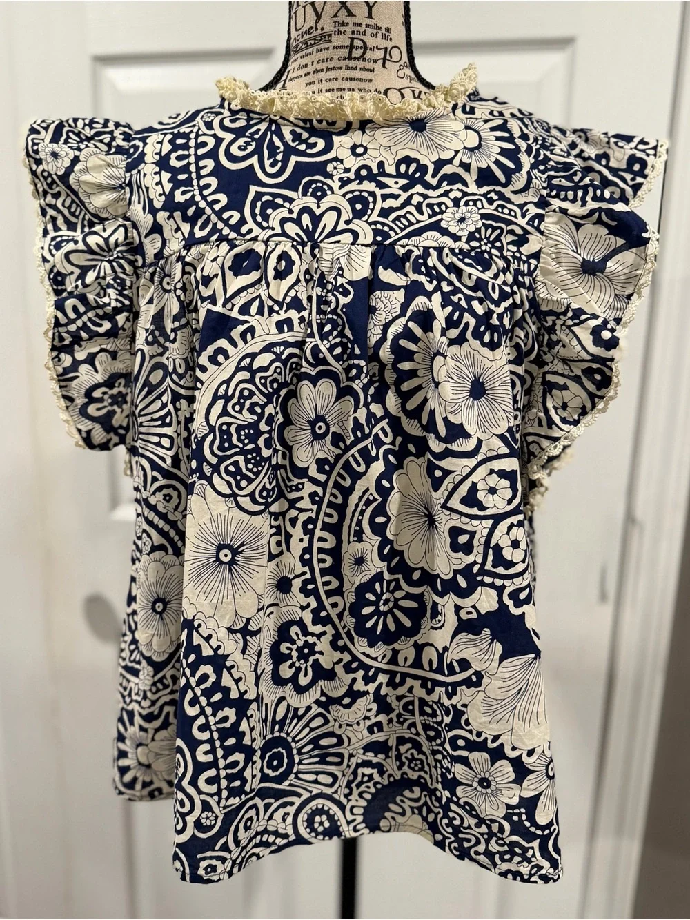 Umgee Navy and Cream Floral Lace-Trim Blouse - Picture 12 of 16